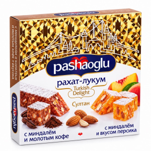 Рахат-Лукум "Pashaoglu" "Султан" с миндалем со вкусом персика и с миндалем и кофе 300 гр упак*20шт