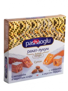 Рахат-Лукум "Pashaoglu" 240 г "Султан" с миндалем со вкусом персика и с миндалем и кофе 1/24